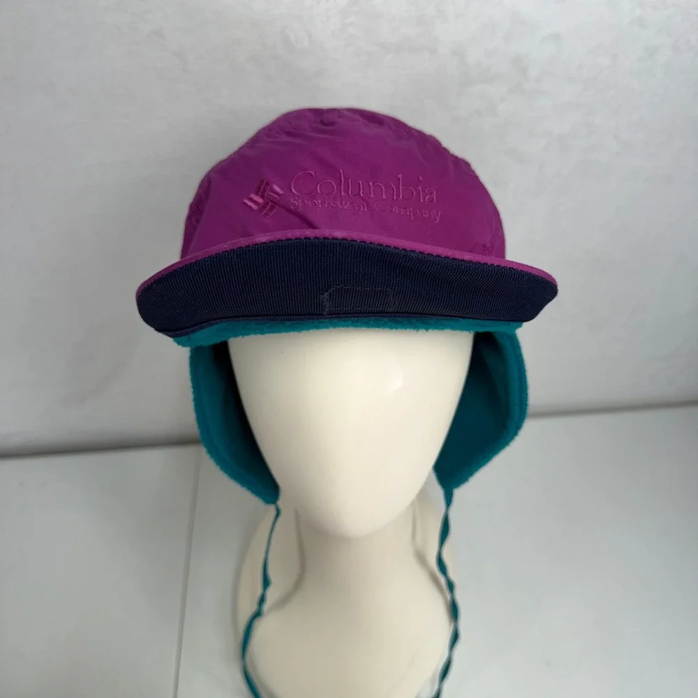 Vtg Columbia L 3 in 1 Trapper Ear Flap Cap Purple Teal Fleece Lined Gorpcore Hat